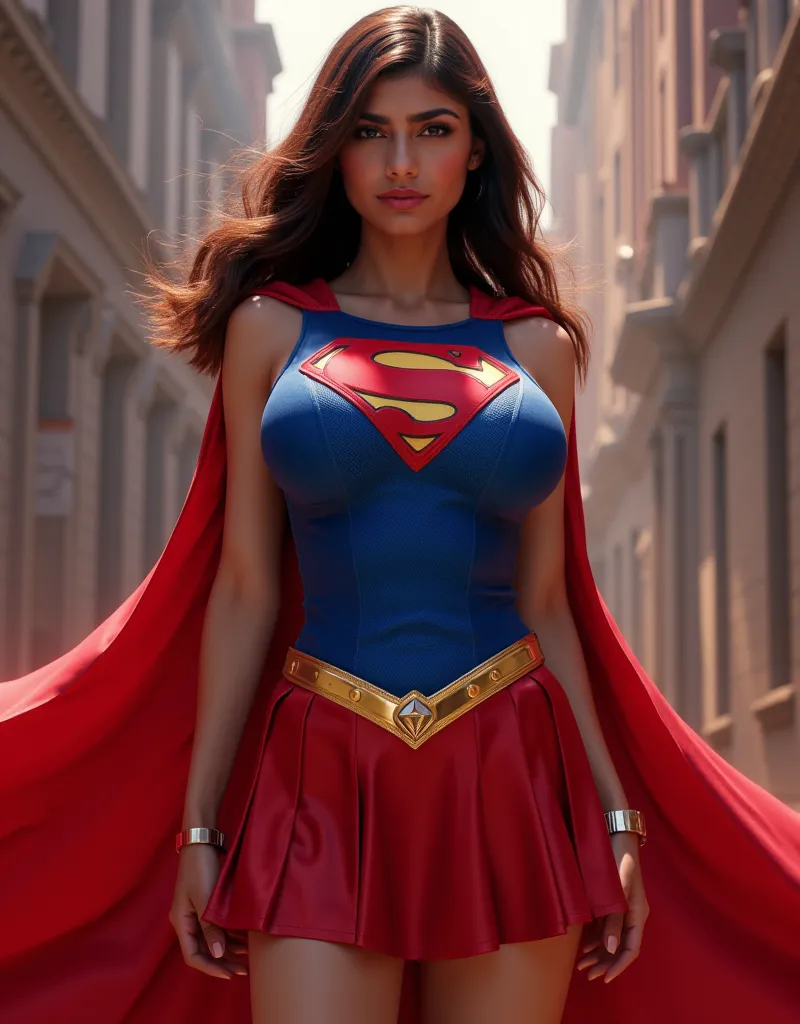 Mia Khalifa. superheroine (Superwoman ), dressed in a blue Superman suit with the letter S on the chest, with a fluttering red cloak, bright red short skirt (stands out clearly, essential element stands out clearly),  yellow metal belt ,  Masterpiece , све...