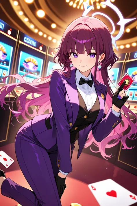 An anime-style female character with a betting theme and a color palette By shades of purple. She has a charismatic and mysterious appearance, with penetrating eyes in a bright lilac shade that reflect her cunning. Her long, wavy hair is graded from dark p...