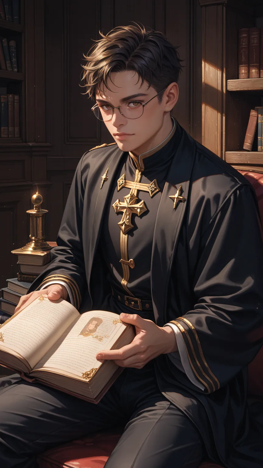 1 guy, black short hair, brown eyes, glasses, black priest's robe, holy book in hand, black trousers, army high boots, cool, in a pompous pose, portrait, detailed face,