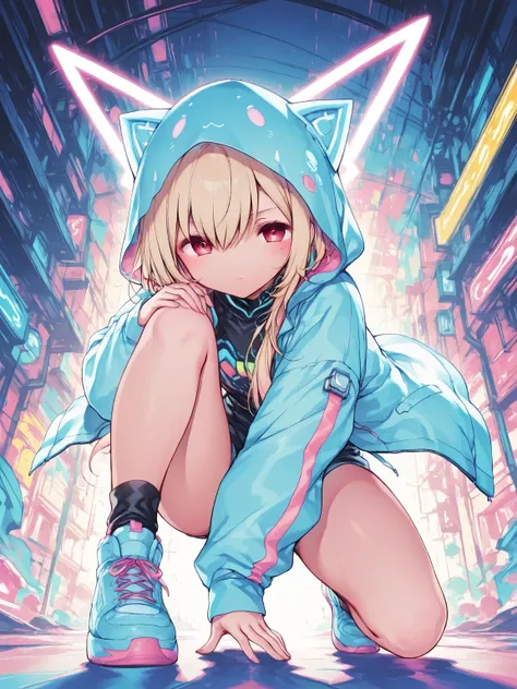 trk,nv-kawaiitech,Komeshiro Kasu style,

illustration, best quality, close-up, 1girl, full body,blonde hair, hooded jacket, serious expression, vibrant neon colors, abstract background, blue and pink lighting, dynamic composition, streetwear style, futuris...