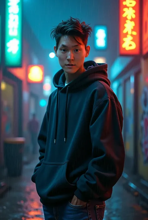 young man, parmanent hair, hoodie, jeans, detailed portrait, realistic, cinematic lighting, hyper-realistic, full body, standing pose, serious expression, deep gaze, moody atmosphere, urban environment, graffiti wall, neon signs, rain, blue and orange colo...