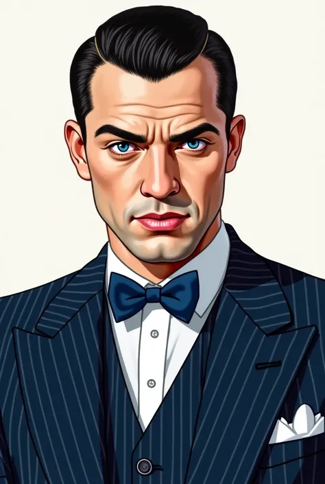 Draw a portrait of an American gangster from the 1920s. This is a man with shaved temples and dark slicked back hair on the head's top. He has a straight nose, high cheekbones and a menacing look. The eyes are blue. He is wearing a dark blue three-piece su...