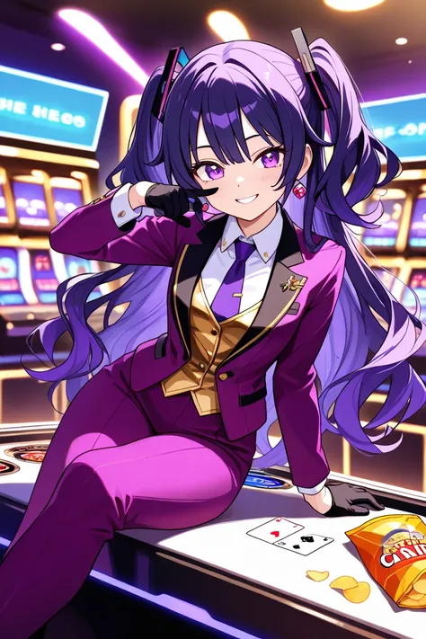 chips A female anime-style loli character with a betting theme and a color palette dominated by shades of purple. She has a charismatic and mysterious appearance, with penetrating eyes in a bright lilac shade that reflect her cunning. Her long, wavy hair i...