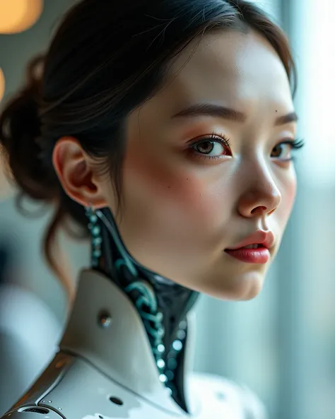 Photo of a humanoid artificial intelligence with natural skin, far away, airflow, and thick hair, sharp looking eyes, thin, upturned nose, Lip fat, hourglass figure, typical clothes and makeup, details Intricate, Energetic, vivid, epic, Soft, film, 4K, con...