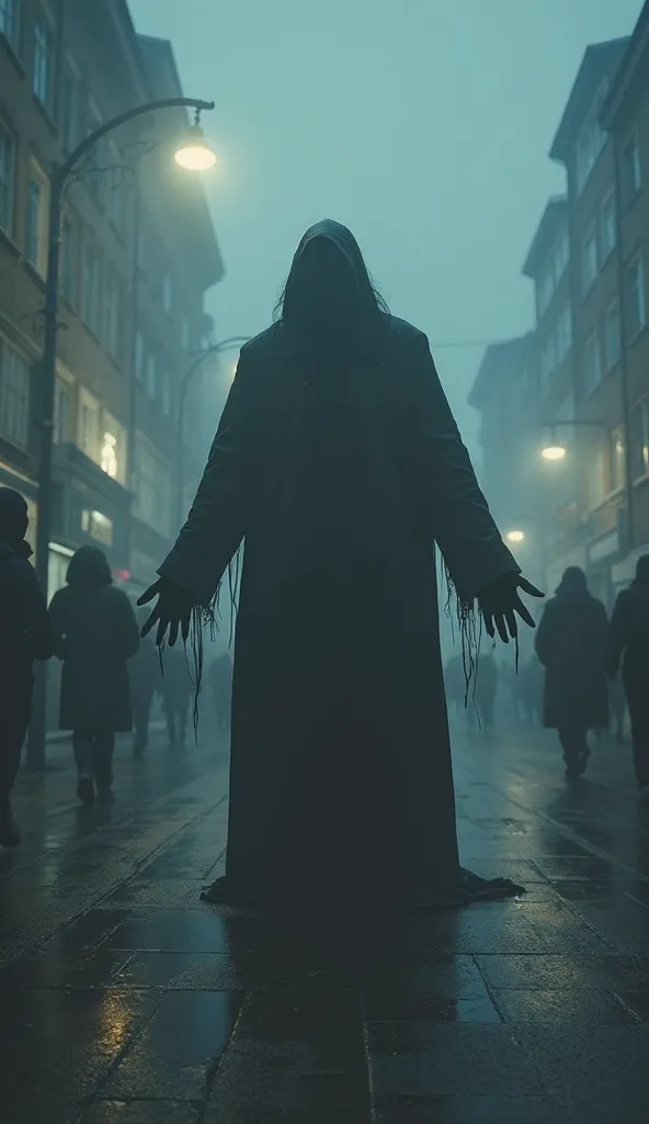 "A dark, shadowy figure standing in the middle of a desolate street, stretching its elongated, eerie hands toward nearby people, as if pulling them into the darkness. The people seem helpless, their bodies slightly distorted, as if being consumed by an inv...