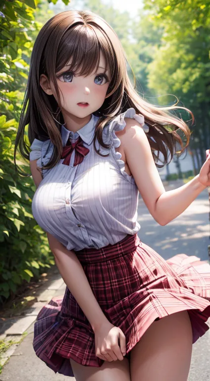 high image quality,4K, super precise,realistic,Perfect,beautiful woman,1 person,brown hair, red ribbon,surprised expression,Big Breasts,white sleeveless shirt,white plaid super micro mini pleated skirt,well styled,Expecting expression,embarrassing expressi...