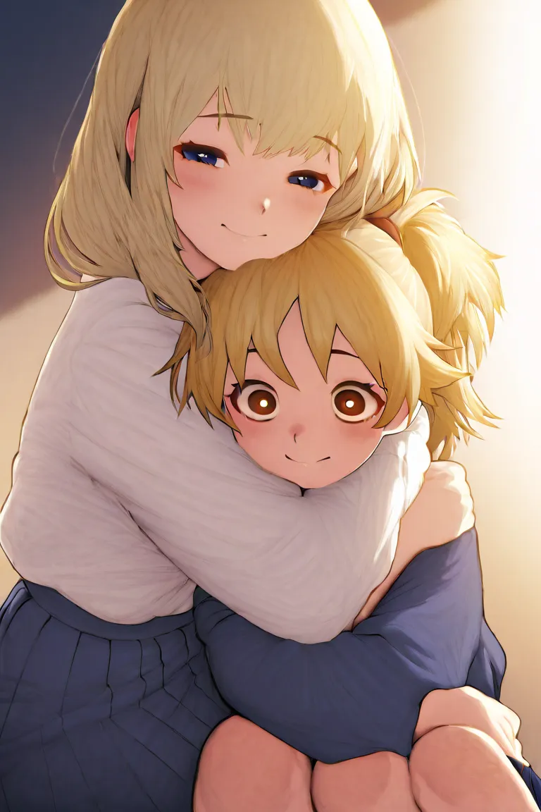 Kind-faced, blonde, ponytailed high school girl, hugging