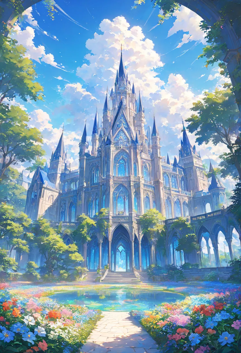 Beautiful flower castle、flower garden with lots of flowers、Beautiful gardens、blue sky、 orbital space