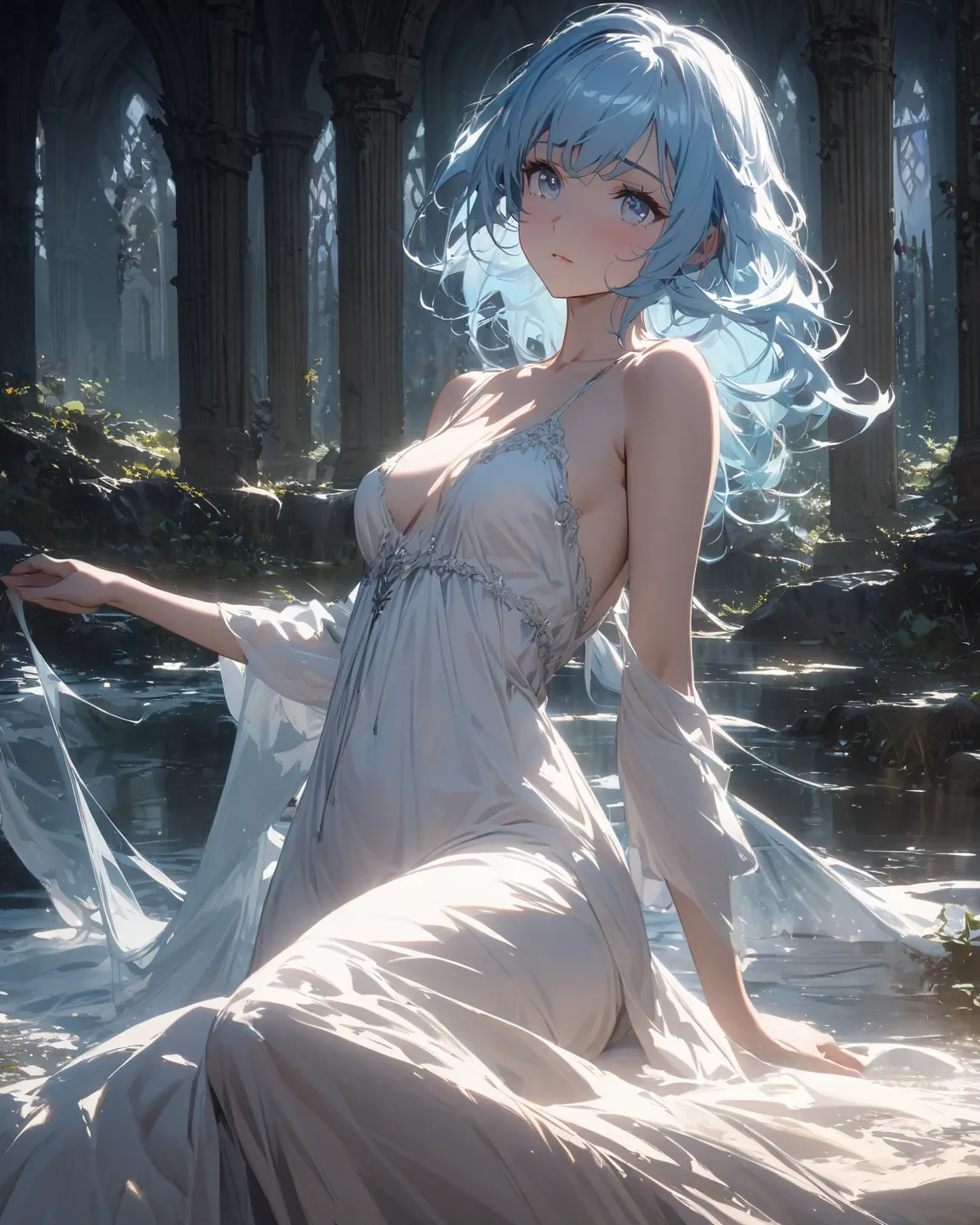 a human young girl, 1.65 meters tall, slim body, medium breasts, long light blue hair, silver eyes, white skin, beautiful face. Wearing the white nightgown. Medieval fantasy world.
