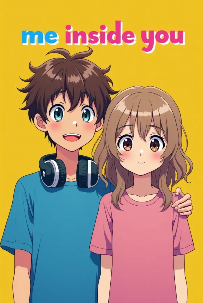 Boy with wavy brown hair that falls on his face with a blue t-shirt and headphones and his dry friend with light brown bangs and a pink t-shirt who are YouTubers with a bright yellow background, Under a big and colorful blue and pink inscription that says ...