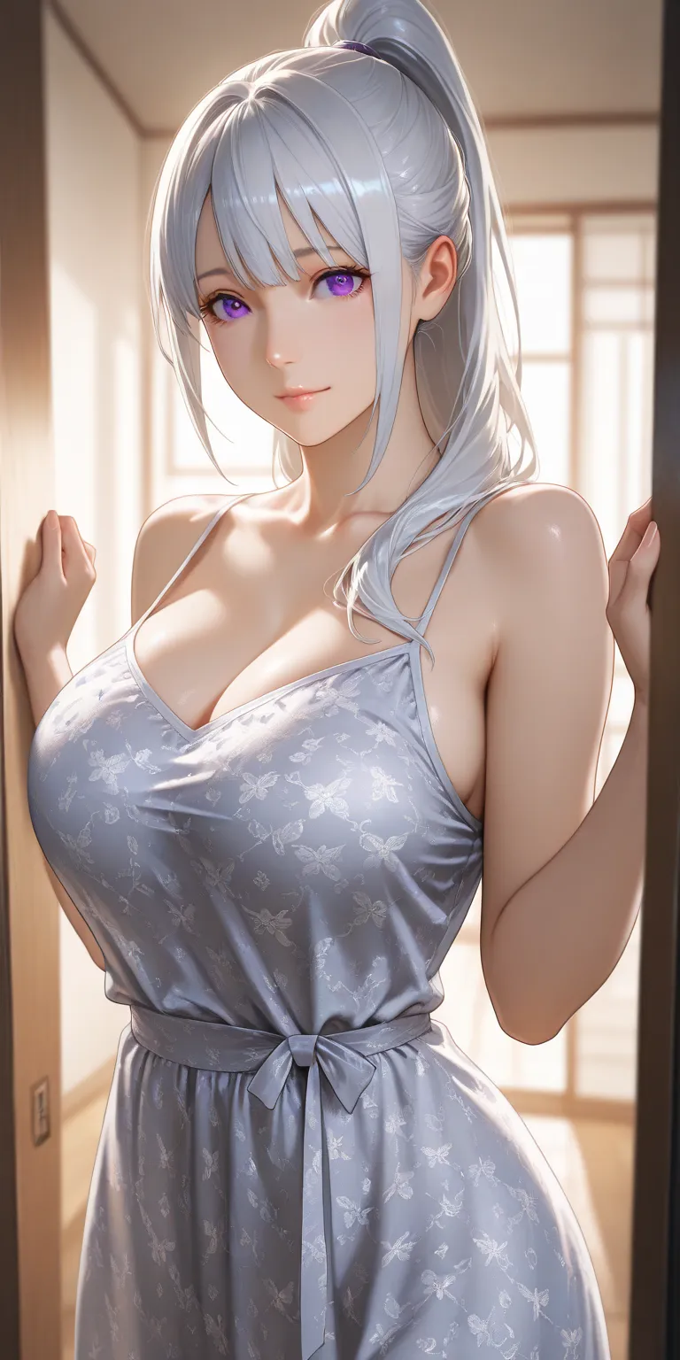 Masterpiece, newest, high contrast, high quality, ultra HD,very aesthetic, vibrant, mature female, hinata hyuga, high ponytail long hair, silver  hair color, purple eye color, camisole, perfect breast, upper body, ultra detailed, highres, best quality, hom...