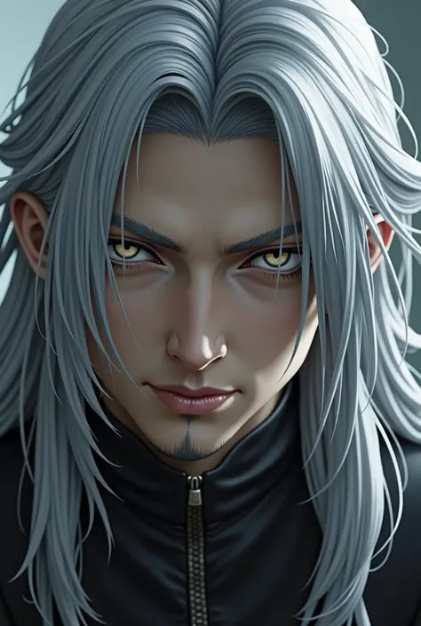 close-up of a man with long hair and a glove, The Sephiroth, The Sephiroth from final fantasy, a photo of The Sephiroth,  he has dark gray hair , cloudy white hair, Tifa Lockhart with white hair, from final fantasy, final fantasy character, final fantasy f...