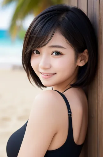   赤い頬  、shy、Light clothing、  sandy beach、 beautiful girl、cute、       short hair、20 years old、round face、smile、  Big Breasts  、    beautiful eyes  、              black hair