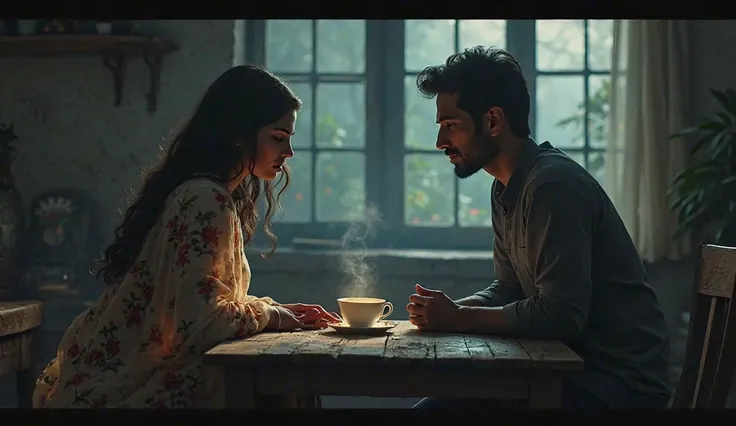 *"A tense scene: a woman in a floral dupatta leans across a wooden table, her husband avoids eye contact, a steaming teacup between them, moonlight seeping through the window