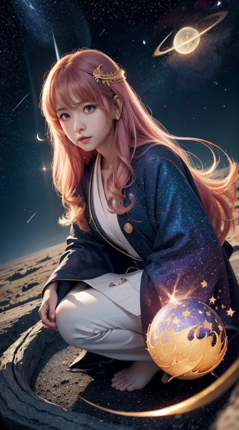 1 girl crouching、A peach-haired star magician named Maria Chiquinha、(Expansion:1.3)、( Comet :1.5)、looking up at the night sky with deep concentration、 long flowing robe 、Exquisitely designed star crest、Wand in Hand 、Magical aura of starlight surrounding he...