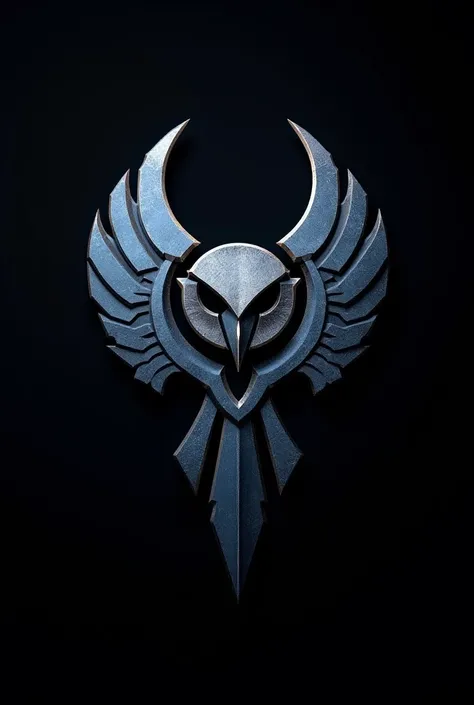 Mandalorian photo-realistic Clan Sigil, Metal, Ominous, Solid Black Background, Mascot: Nite Owls, Color Scheme: Navy Blue and Silver.