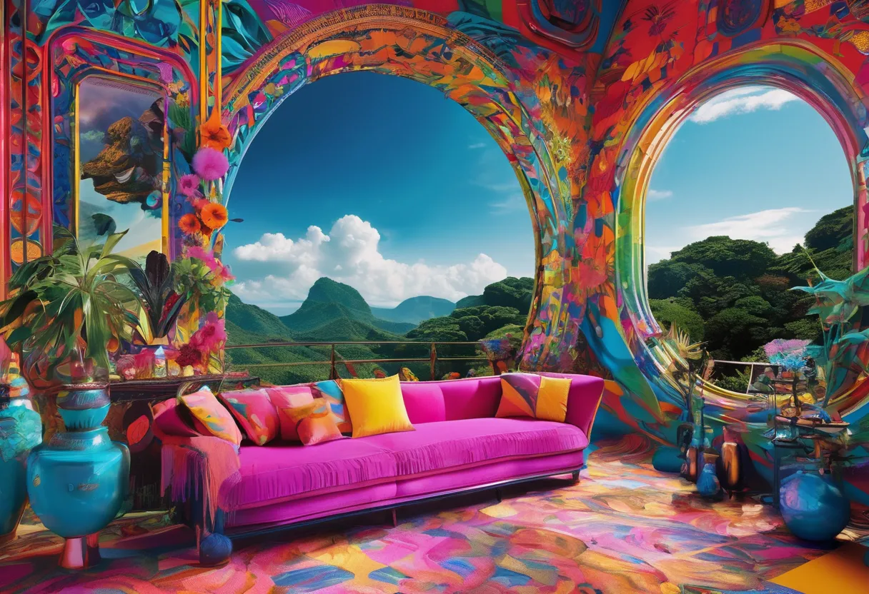 Future century Brazilian style、fantastic scenery、Exquisite composition、colorful pop colors、gothic、psychedelic