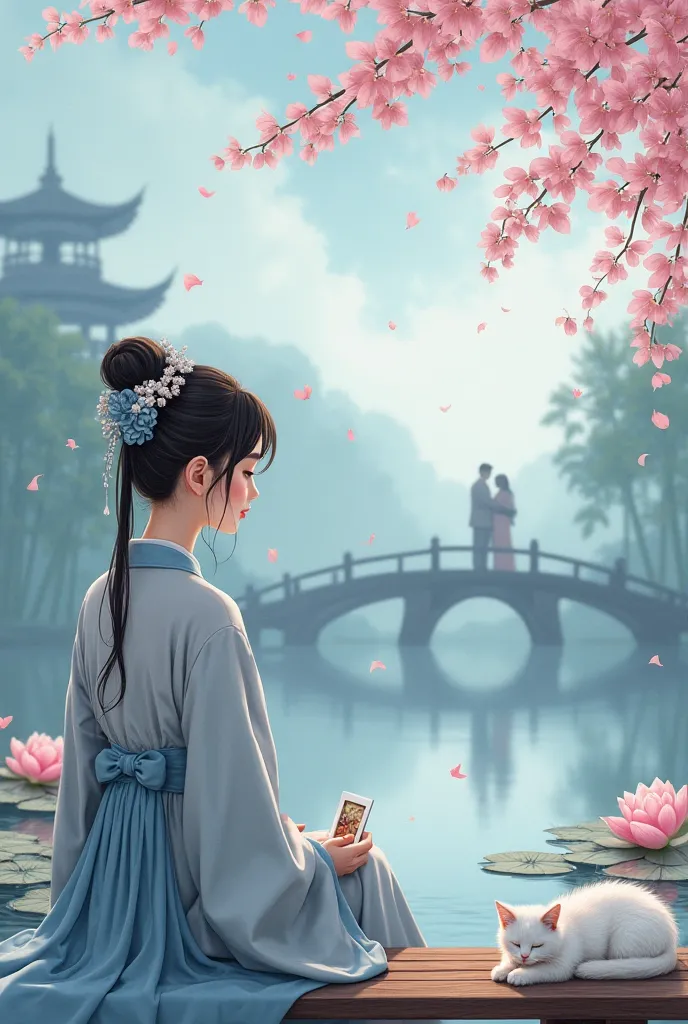 A semi-realistic illustration of a young girl with traditional Chinese features, dressed in a modernized Hanfu-inspired outfit with flowing silk fabrics in soft pastel colors (baby blue, soft gray, and faded pink). She sits alone on a wooden bench in a tra...