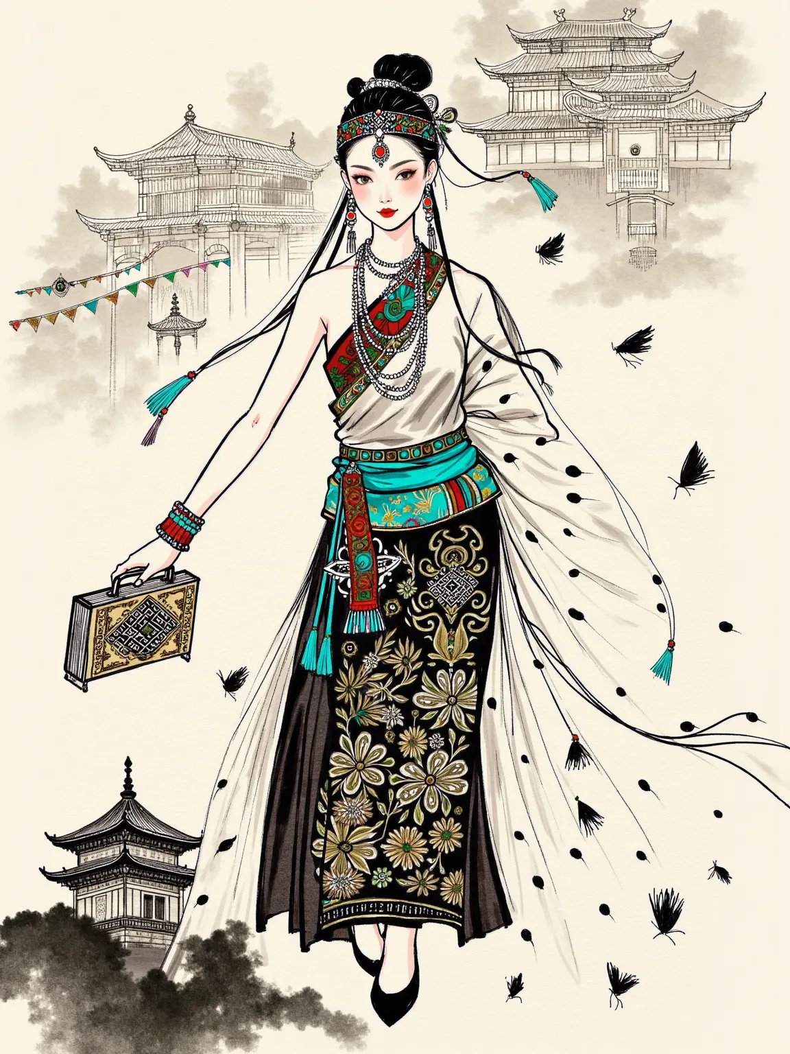  1girl , Traditional girl, Dry brushwork on rice paper，Miao silver ornaments are simplified into three groups of arc-shaped ink dots，Dunhuang tassels are drawn with flying white brushstrokes。Only two dots of cinnabar are left on the face with sun patterns，...