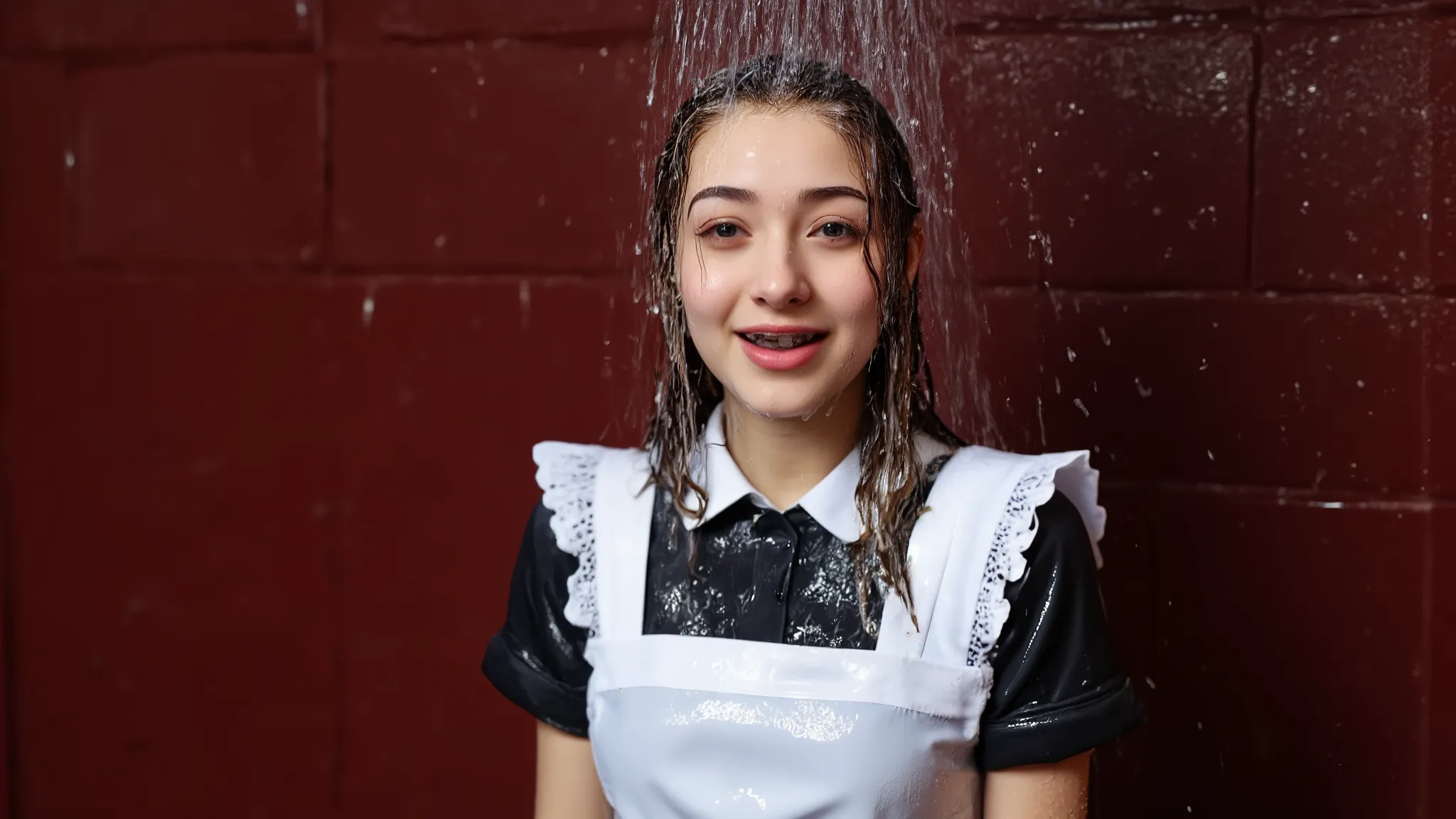 A headshot of a beautiful young Japanese woman wearing a maid outfit standing in front of a dark red brick wall as water is thrown squarely into her face from the side of the screen, completely soaking her.  Water completely covers her face and her hair is...