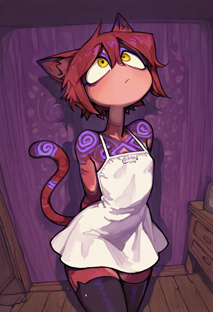 1boy, dark red fur, mystical purple patterns, purple body patterns, purple lines on the body,  red short hair , purple mystical patterns,  yellow eyes, cat ears, cat tail, white dress, black stockings, flat chest, a woman's body and face, room, hands behin...