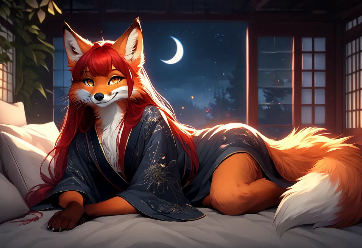 Solo、unpralleled masterpiece、Detailed、 Beautiful、 score_9、 score_8_up、 score_7_up、moody atmosphere、mysterious、fox、anthro、furry、female、orange fur、(long hair、beautiful hair、scarlet red hair、side swept hair、bangs)、yellow eyes、(tuft of fur)、(digitigrade、claws、...