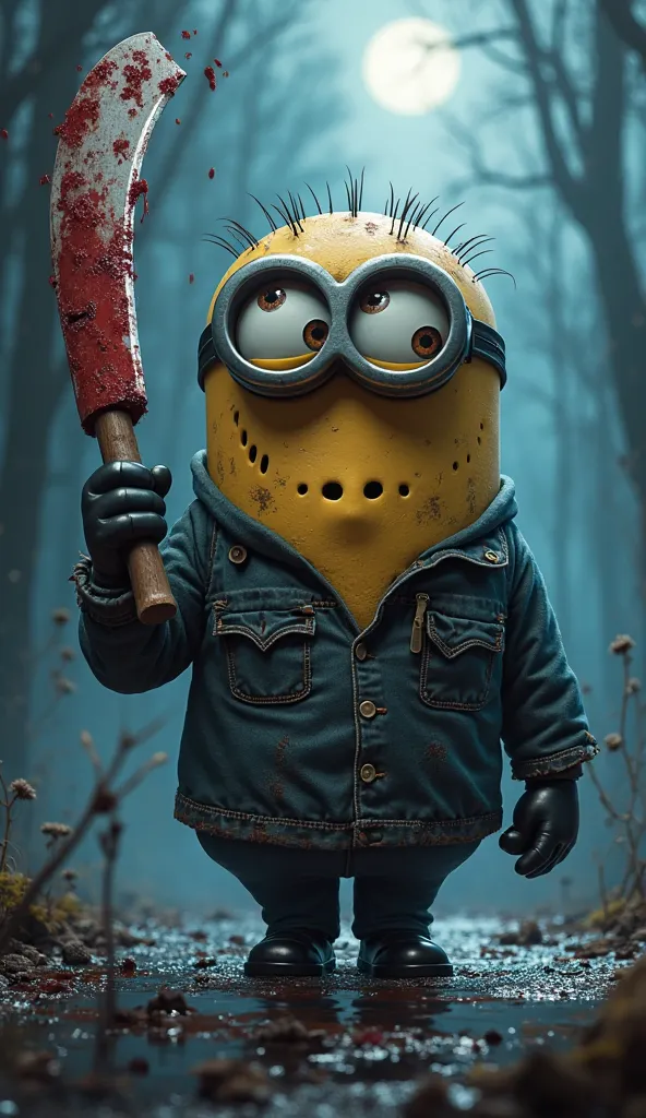 Create a highly detailed and darkly humorous digital illustration of a Minion from Despicable Me reimagined as Jason Voorhees from Friday the 13th. The Minion should be styled to resemble Jason, with its signature hockey mask, torn and dirty clothing, and ...