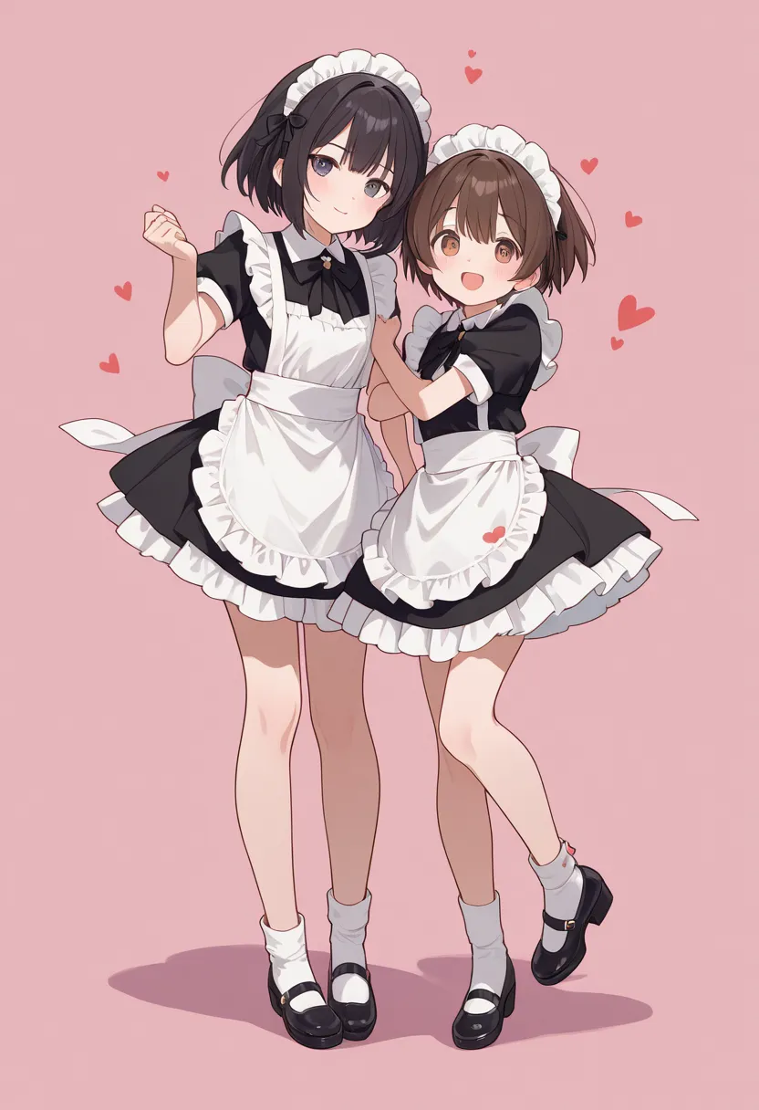 maid clothes、is cool、2 people、Good friends、Short Hair、Short sleeve、full body、 hugging、I'm making hearts by hand