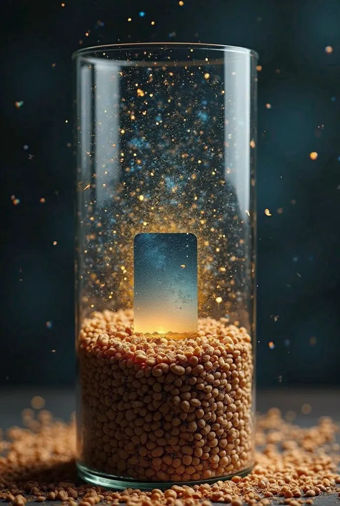 A cylindrical glass vase with a diameter of 10 cm. With a rectangular hole in the middle and inside light brown string bean seeds being filled with those seeds that come from the sky on top of the seeds underneath the rectangular hole gold dust. The seeds ...