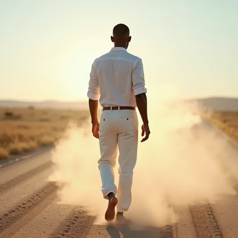 African-American man with his back walking barefoot toward the horizon. white shirt and pants dress. It lifts dust from the road when you step on it with your feet. Dust envelops your entire body . buttocks. realistic. 3D, HD . plano medio 