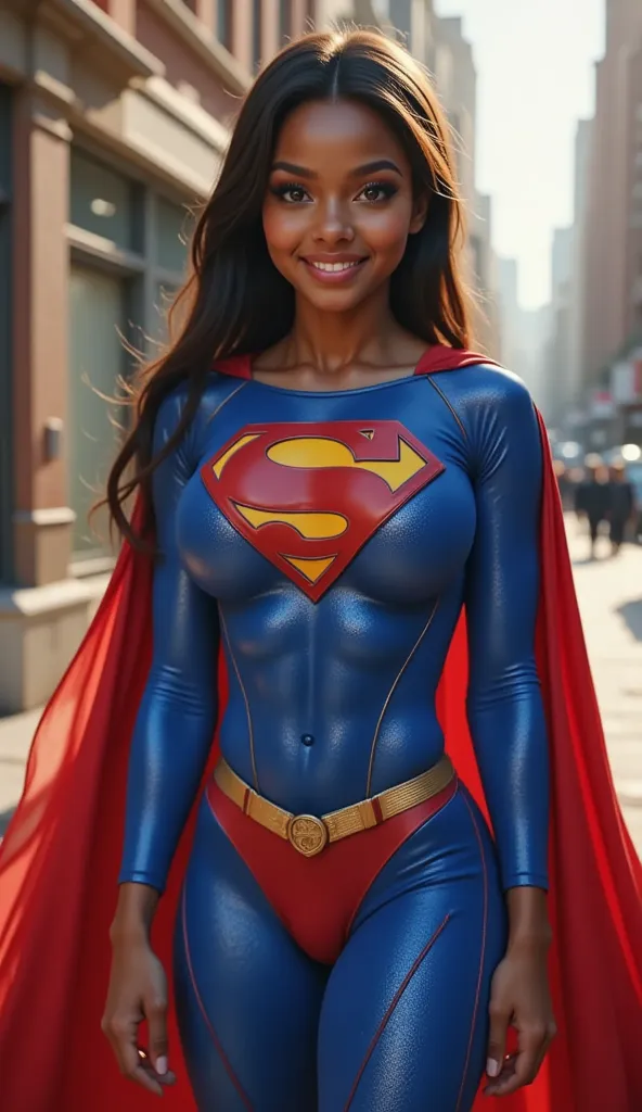 SEXY BLACK AFRICAN 17-YEAR-OLD FEMALE COSPLAYER WITH BIG BLUE EYES **"FULL ENTIE BODY STANDING POV OF A stunning, highly detailed, and ultra-realistic portrait of a SEXY BLUE EYED I GIRL, proudly wearing the iconic RETRO 1980 SUPERMAN costume. The vibrant ...