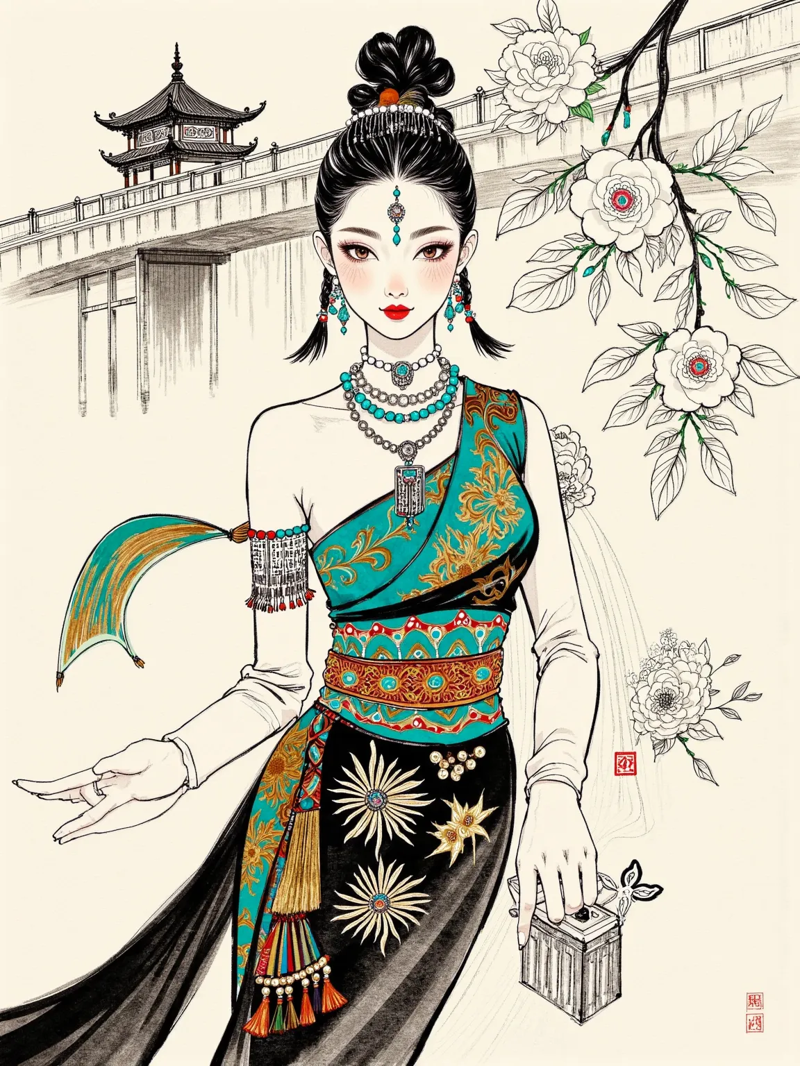  1girl , Dry brushwork on rice paper，Miao silver ornaments are simplified into three groups of arc-shaped ink dots，Dunhuang tassels are drawn with flying white brushstrokes。Only two dots of cinnabar are left on the face with sun patterns，Eyelashes are tran...