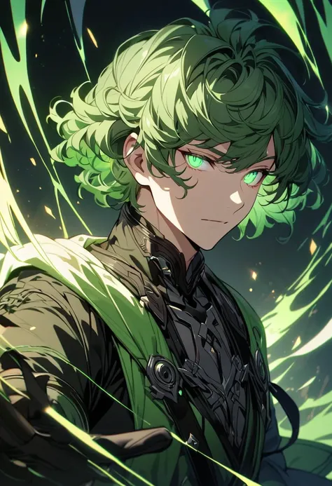 male, solo, handsome, green hair, green eyes, glowing eyes, curly hair, very short hair, short hair, beautiful eyes, beautiful color, high detail, gloves, hold hand