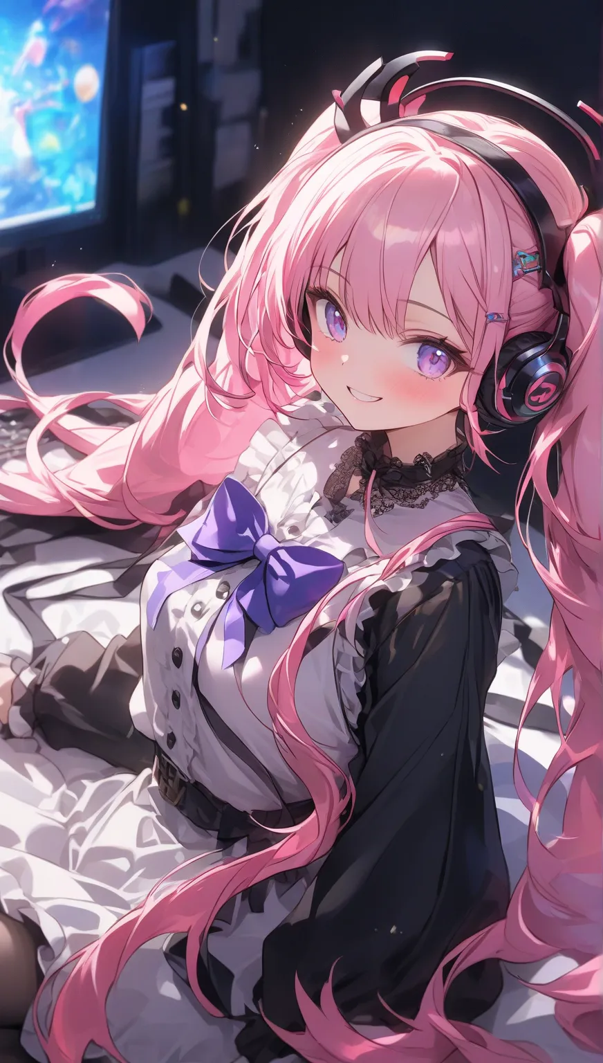 A long-haired anime girl wearing headphones is sitting at a monitor, ネオンライトが彼女のhairを照らす、twin tails、緑のhair色、Hatsune Miku、woman(cute(とってもcute、business fashion):1.3)、skin(white、青whiteい、 smooth、Silky、Gross)、eye(beautiful、 lots of star-shaped highlights )、makeu...