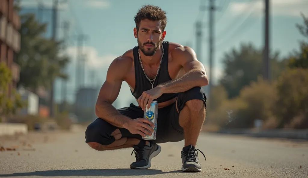 There's a man crouching with a water bottle,  portrait de corpo inteiro segurando garrafa,  portrait 8 k,  holding a bottle, smoking in a crouching pose,  wearing gym clothes, working outside,  holding a beer can, selfie photograph 8k ,  inspired by Ludovi...