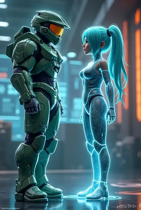 Generate a hyper-realistic scene of Halo's Master Chief conversing with Cortana. Cortana should appear as a beautiful, lifelike hologram emerging from Master Chief's open hand. The hologram should feature a badge at its base with the text 'ACID LABS' as pa...