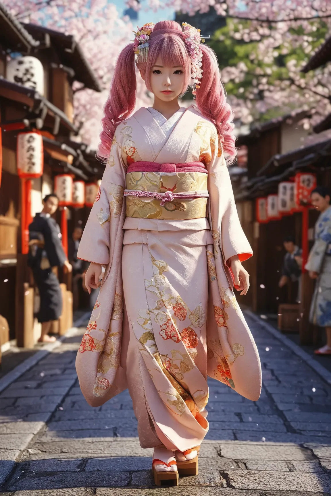 masterpiece, Read more, textured skin, Ultra High Definition, anatomically correct, 1 girl crouching,((Cute girl in kimono)),Good old street in the middle of the city,Crowded street,Wide angle,  light/dark method, Ray Tracing,  8k octane, super detailed, P...