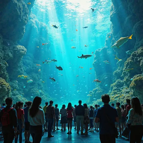 Create a professional and realistic photograph of a giant aquarium in a bustling shopping mall, with a crowd of people gathered around, mesmerized by the colorful underwater world before them. The marine aquarium is teeming with a variety of fish species, ...