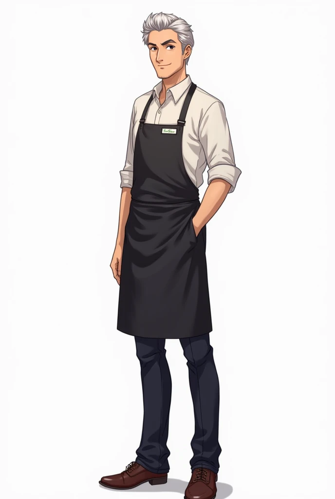 Generate a drawing of a human store owner with full body drawing for visual novel game type. And background should be white
