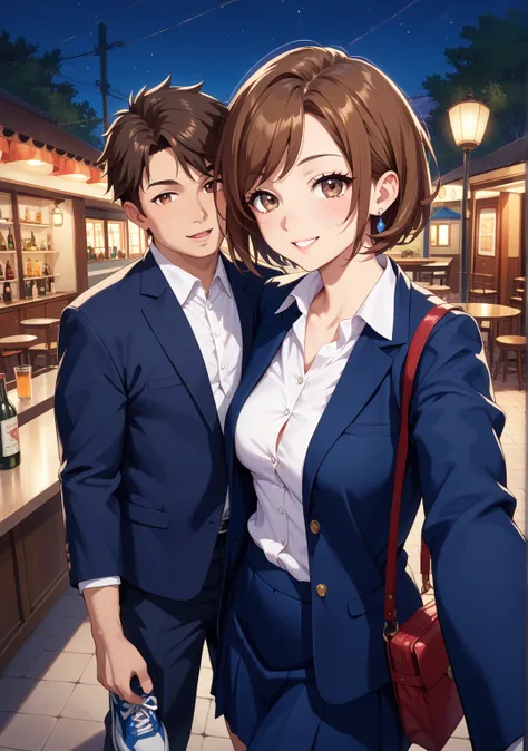 Selfie,nsfw,1 girl,1 man,short hair,straight hair that can't be seen from the outside ,brown hair,Brown Eyes,glamorous,swept bangs,white shirt, dark blue skirt, dark blue blazer,walk,bag,night,,fat man,70s man,Selfie,bar counter,outdoor