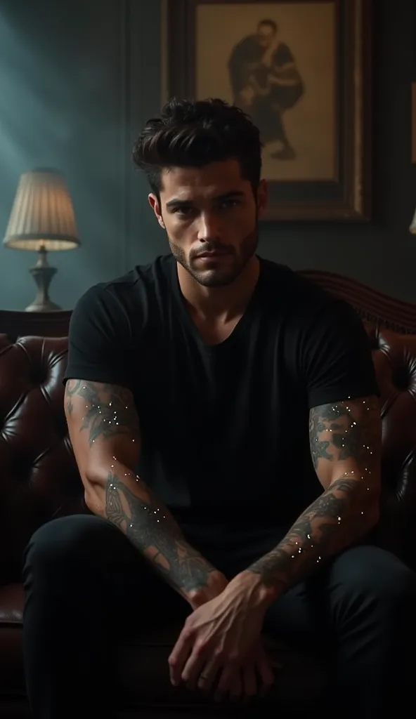 A highly detailed and cinematic digital portrait of a young man with chiseled features, dark tousled hair, and intense eyes, sitting confidently on an antique leather sofa in a dimly lit, atmospheric room. He wears a fitted black t-shirt and dark pants, hi...