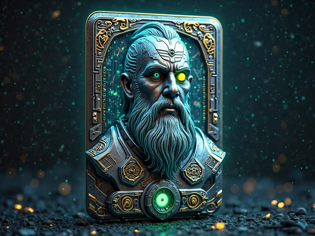 "Design a highly detailed 3D flashcard-style NFT for 'OdinVerse' with a rotating holographic effect. The card should have a sleek, futuristic metallic border with cybernetic engravings of Norse runes glowing in neon blue and electric green.

At the center ...