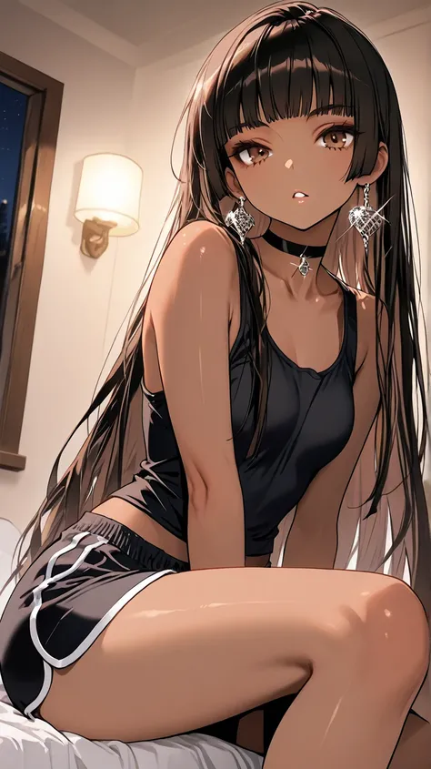 1Girl, Mature, Ebony, African American, Dark Brown Skin, Jet Black Hime Cut, Shiny Hair, Hime Cut, Bright Brown Eyes, Dark Brown Eye Shadow, Medium Chest, Black Tank-Top, Black Dolphin Shorts, Black Choker, Looking At Viewer, Bored, Teeth, Parted Lips, Gli...