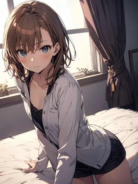 ４ｋ  quality, 最高  quality, Misaka_Mikoto,       frames,      short_hair,          small_  Chest for Men,）       on the bed　        very fine and beautiful 　１６age　      Sexy pose with a stiff expression 　 Enchantment