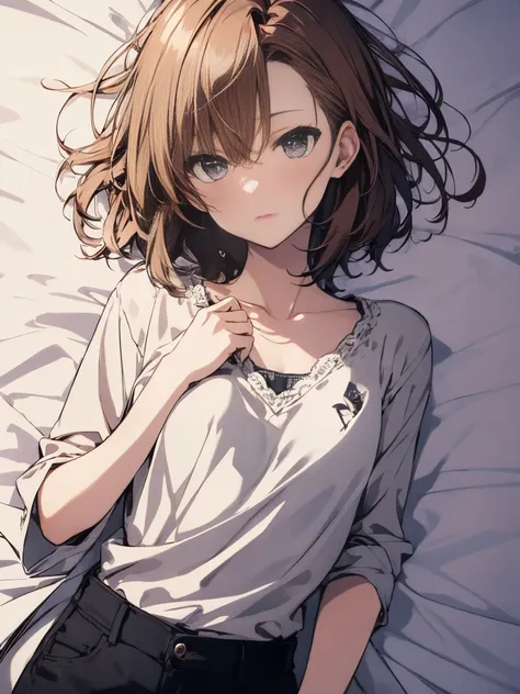 ４ｋ  quality, 最高  quality, Misaka_Mikoto,       frames,      short_hair,          small_  Chest for Men,）       on the bed　        very fine and beautiful 　１６age　      Sexy pose with a stiff expression 　 Enchantment