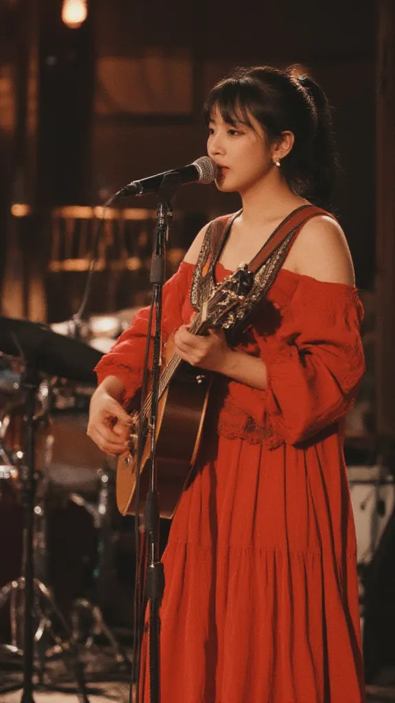 live-action、Yoshikawa Roca sings Portuguese fado wearing a dress that sticks out her shoulders while holding a microphone,  middle haired ponytail 、best quality, 4K, 8k, high resolution, masterpiece, ultra-detailed, realistic, photorealistic, photo-realist...