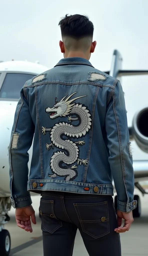 White fair-skinned Korean man ,  black hair shaved from the sides, tall and strong athletic body , wearing a destroyed denim jacket with a dragon drawn on the back,   black jeans  , close-up , He has his back to the camera boarding a private jet at an airp...