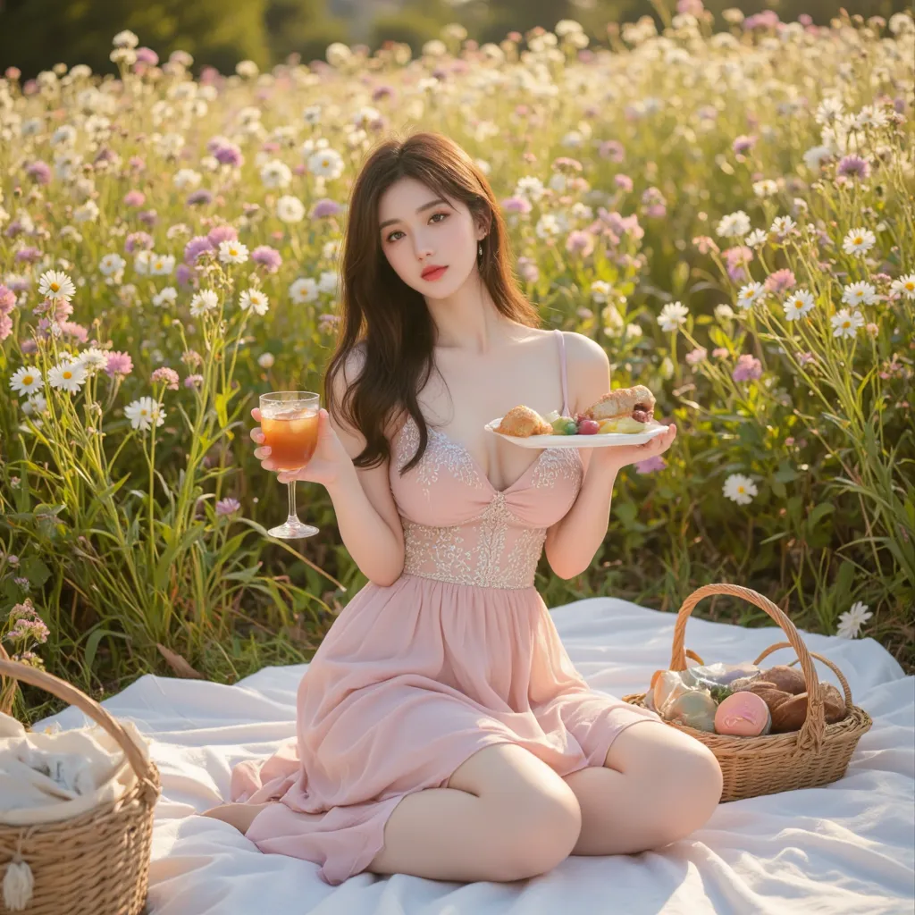 A young Korean idol is enjoying a luxurious picnic in a beautiful flower field during a sunny afternoon. She is wearing a stunning designer dress from a famous fashion brand, with elegant details that flow gracefully in the breeze. The dress enhances her s...