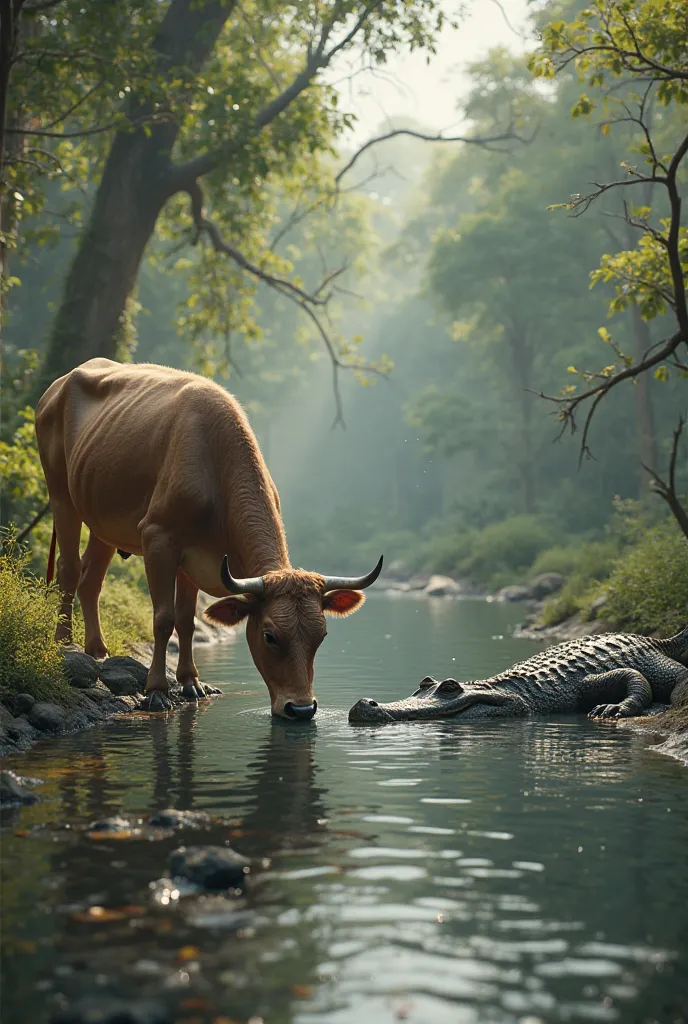 There is cow drinking water in river in front of crocodile ultra hd realistic 