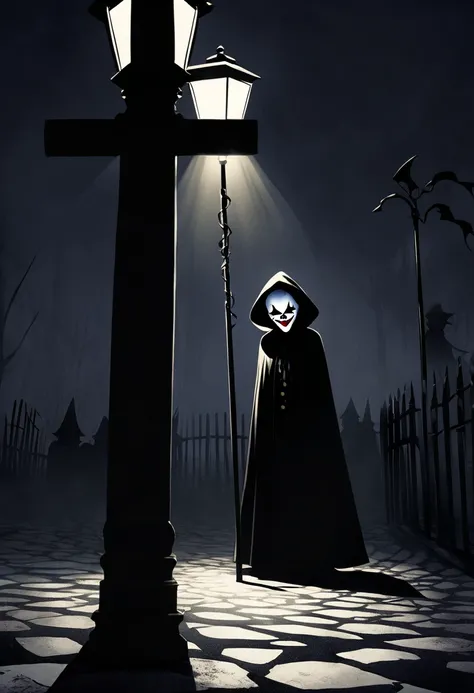 A haunting nighttime scene featuring a single streetlight suspended from a pole casting an ominous glow, Beneath it stands a lone unsettling clown dressed in a dark hood and wearing a sinister mask, The clown is standing upright facing forward with the str...